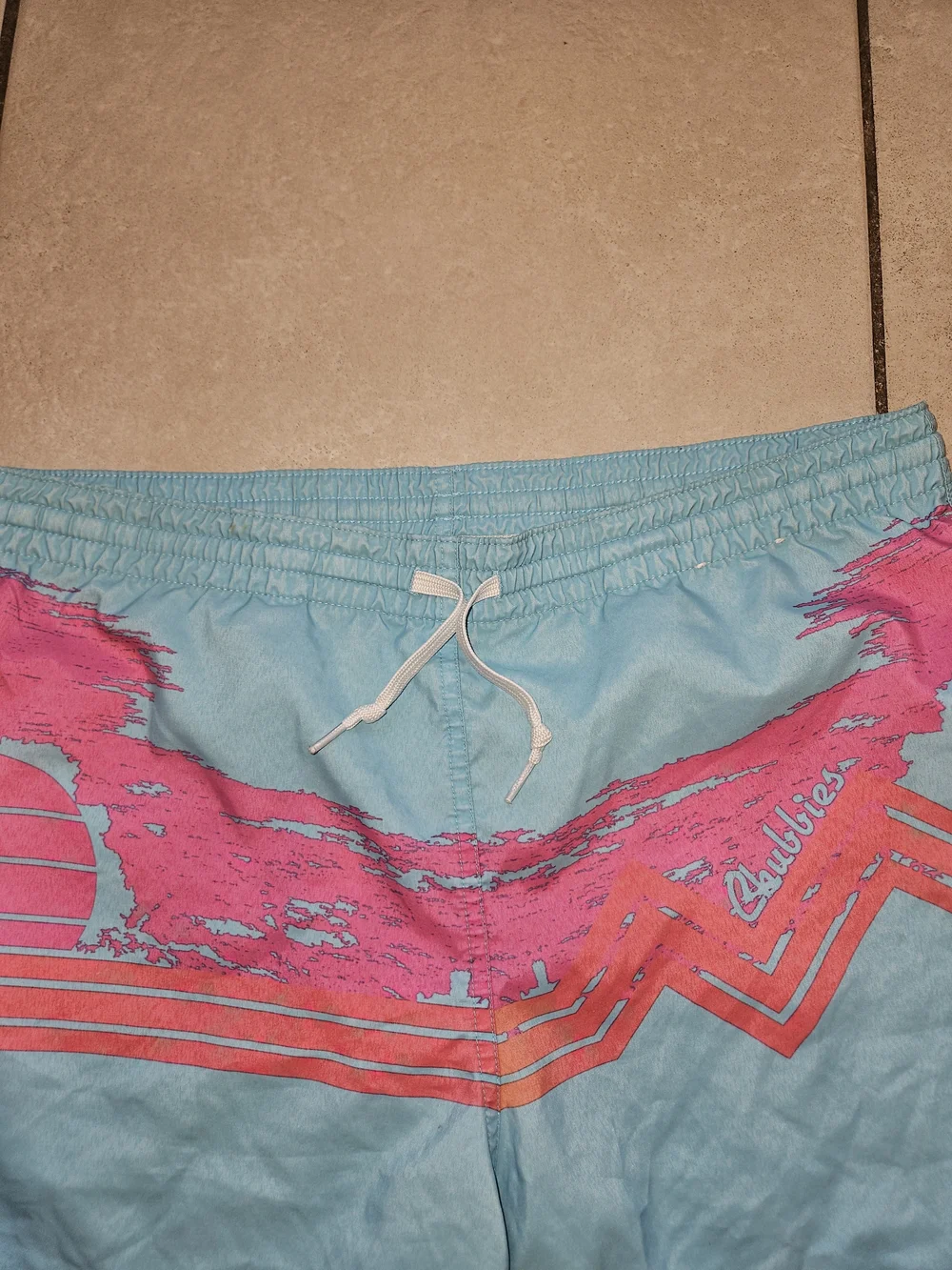 chubbies Light Blue Swim Trunks with Pink and Yellow Graphic